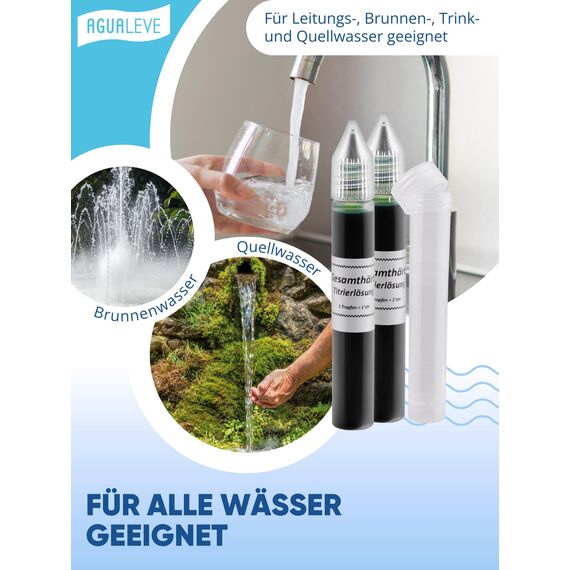 AGUALEVE Wasserhärte Test - Die Nr. 1 - Deutsche Grad Härte (°dH) schnell und einfach messen - misst exakt bis 24 °dH - Made in Germany - 50 – 400 Messungen, je nach Härte - 2x 15ml