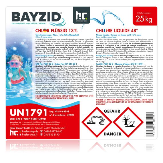 Höfer Chemie Chlor Flüssig 8 x 25 kg - Pool Flüssigchlor mit 13 bis 15% Aktivchlorgehalt zur Poolpflege und Wasserdesinfektion - Made in Germany