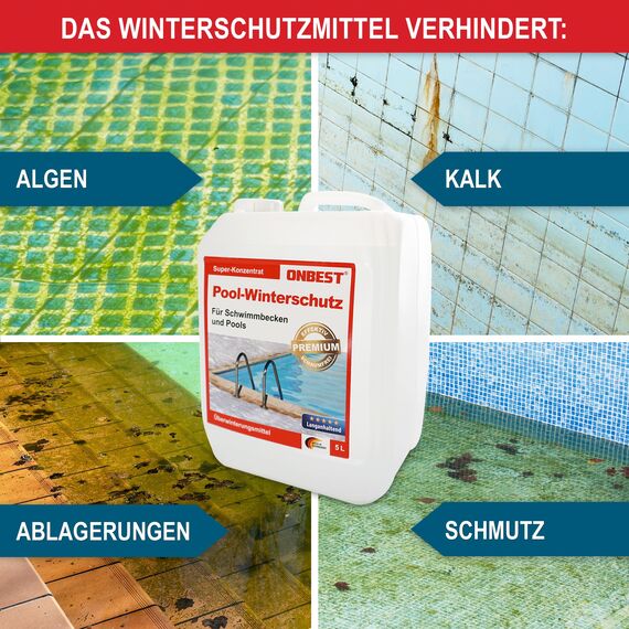 ONBEST Effektiver Pool-Winterschutz Überwinterungskonzentrat gegen Algen, Ablagerungen & Schmutz im Wasser – Flüssiges Winterpflegemittel für Ihren Pool/Schwimmbad – 3 L oder 5 L Wintermittel