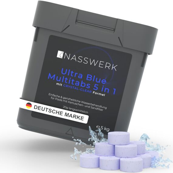 NASSWERK Ultra Blue Multitabs 5 in 1 für Pool (1kh bis 10kg) | 20g Langzeit Chlortabletten für Pool 5 in 1 | Mini Whirlpool Chlortabs mit Chlor, Algizid, pH Stabilisator, Reiniger & Aquamarin
