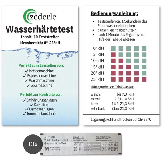 zederle 10 Stück Wasserhärte Teststreifen Testkit einzeln verpackt, versiegelt, Deutscher Härtebereich in dH°, Wasserhärte Test, Kalk Test, Gesamthärte Test - für Trinkwasser, Pool, Teich, Aquarium