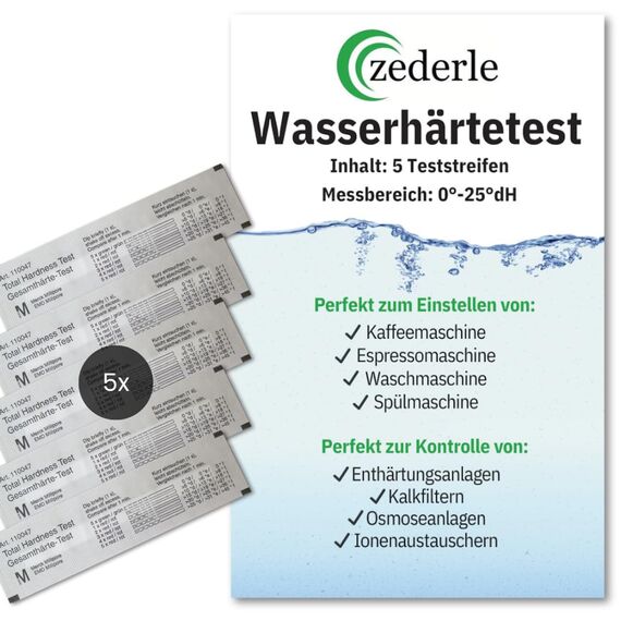 zederle 5 Stück Wasserhärte Teststreifen Testkit einzeln verpackt, versiegelt, Deutscher Härtebereich in dH°, Wasserhärte Test, Kalk Test, Gesamthärte Test - für Trinkwasser, Pool, Teich, Aquarium