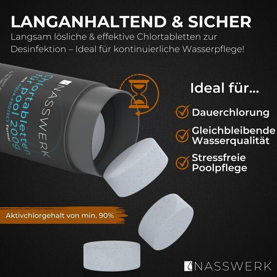 NASSWERK Pool Chlortabletten 200g (1kg bis 10kg) | Chlortabs 200g langsamlöslich zur Langzeitpflege | Chlor Langzeittabletten Pool zur Desinfektion & Pflege | Pooltabletten Reinigungstabletten