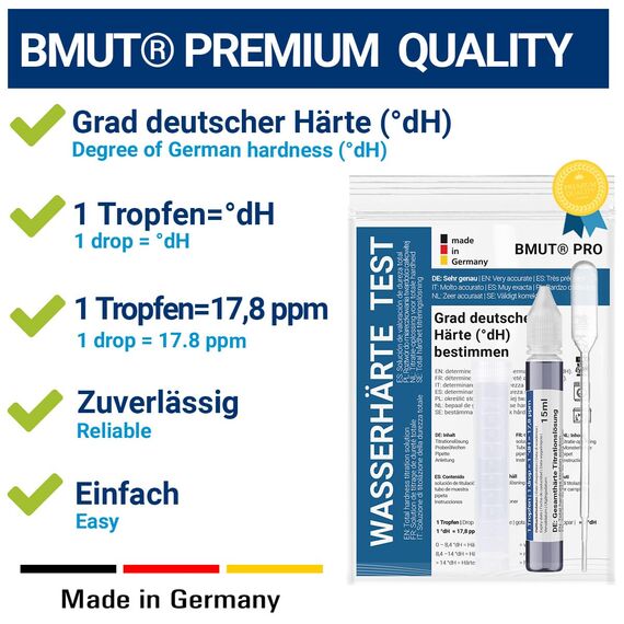 Wasserhärte messen | Test Set Deutscher Härtebereich | Titrierlösung | weich, mittel, hart | Titration | Messbereich 0-30 °dH – Kalk prüfen (1x15ml)