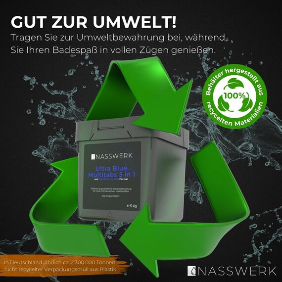 NASSWERK Ultra Blue Multitabs 5 in 1 für Pool (1kh bis 10kg) | 20g Langzeit Chlortabletten für Pool 5 in 1 | Mini Whirlpool Chlortabs mit Chlor, Algizid, pH Stabilisator, Reiniger & Aquamarin