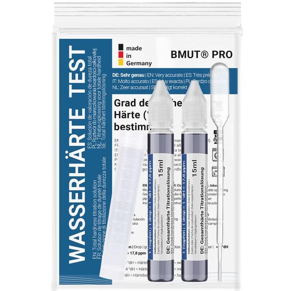 Wasserhärte messen | Test Set Deutscher Härtebereich | Titrierlösung | weich, mittel, hart | Titration | Messbereich 0-30 °dH – Kalk prüfen (2x15ml)