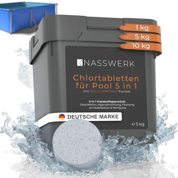 NASSWERK Chlortabletten für Pool 5 in 1 (5kg) | 200g Pooltabs Multitabs 5 in 1 mit Chlor, Algizid, pH Stabilisator, Flockungsmittel & Reiniger | Langzeit Multitabs Pool 200g für optimales Poolwasser