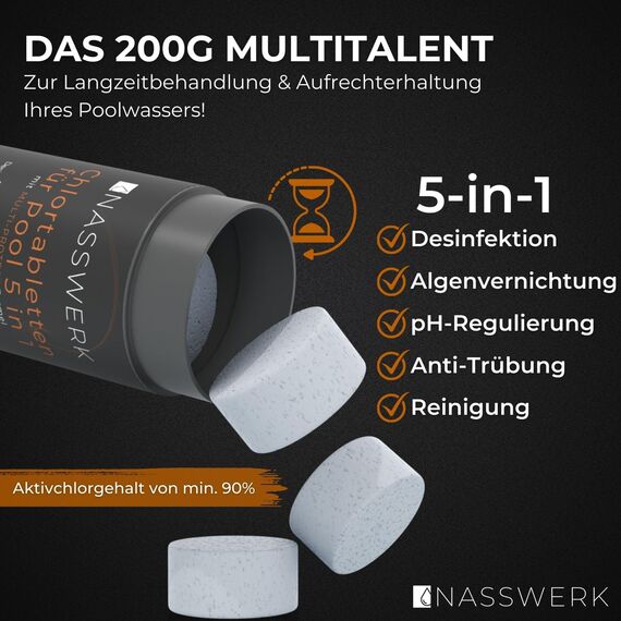 NASSWERK Multitabs Pool 5 in 1 (1kg) | 200g Pooltabs Multitabs 5 in 1 mit Chlor, Algizid, pH Stabilisator, Flockungsmittel & Reiniger | Langzeit Chlortabletten für Pool 5 in 1 für sauberes Poolwasser