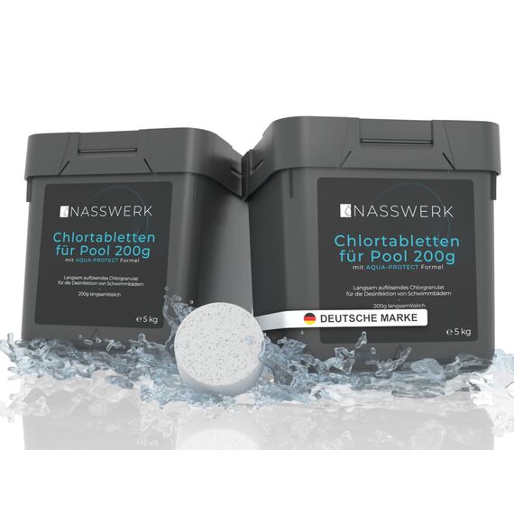 NASSWERK Pool Chlortabletten 200g (1kg bis 10kg) | Chlortabs 200g langsamlöslich zur Langzeitpflege | Chlor Langzeittabletten Pool zur Desinfektion & Pflege | Pooltabletten Reinigungstabletten