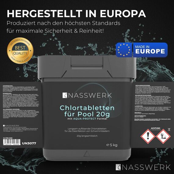NASSWERK Langzeit Chlortabletten für Pool 20g (1kg bis 10kg) | Chlortabs 20g langsamlöslich für Whirlpool | Chlor Tabletten Pool zur Desinfektion & Pflege | Poolpflege Mini Tabs Langzeittabletten