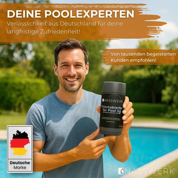 NASSWERK Mini Chlortabletten für Planschbecken 5g (1kg) | Chlortabs 5g schnelllöslich für Whirlpool & Pool | Reinigungstabletten zur Schockchlorung, Stoßchlorung & Dauerdosierung | Chlor Tabs klein