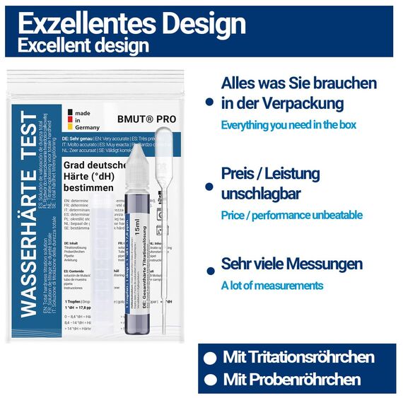 Wasserhärte messen | Test Set Deutscher Härtebereich | Titrierlösung | weich, mittel, hart | Titration | Messbereich 0-30 °dH – Kalk prüfen (1x15ml)