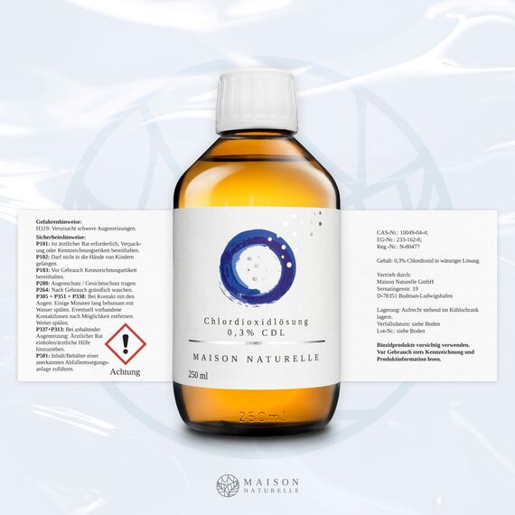 MAISON NATURELLE ® CDL 0,3% (250 ml) - Chlordioxidlösung 0,3 - Braunglasflasche + HDPE Pipette - Reg-Nr. N-116787 - Chlordioxid, CDs, Cdl Tropfen, CDs Lösung 0 3 MMS Tropfen