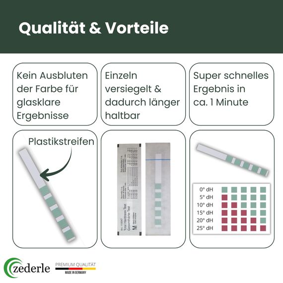 zederle 10 Stück Wasserhärte Teststreifen Testkit einzeln verpackt, versiegelt, Deutscher Härtebereich in dH°, Wasserhärte Test, Kalk Test, Gesamthärte Test - für Trinkwasser, Pool, Teich, Aquarium