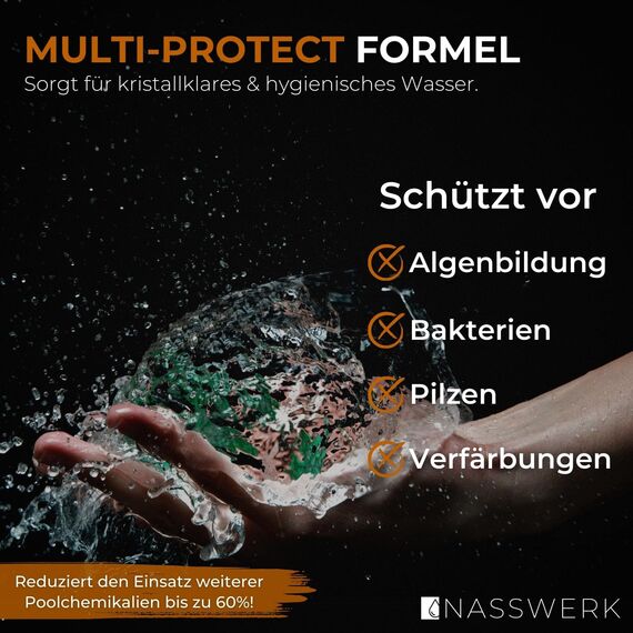 NASSWERK Chlortabletten für Pool 5 in 1 (5kg) | 200g Pooltabs Multitabs 5 in 1 mit Chlor, Algizid, pH Stabilisator, Flockungsmittel & Reiniger | Langzeit Multitabs Pool 200g für optimales Poolwasser