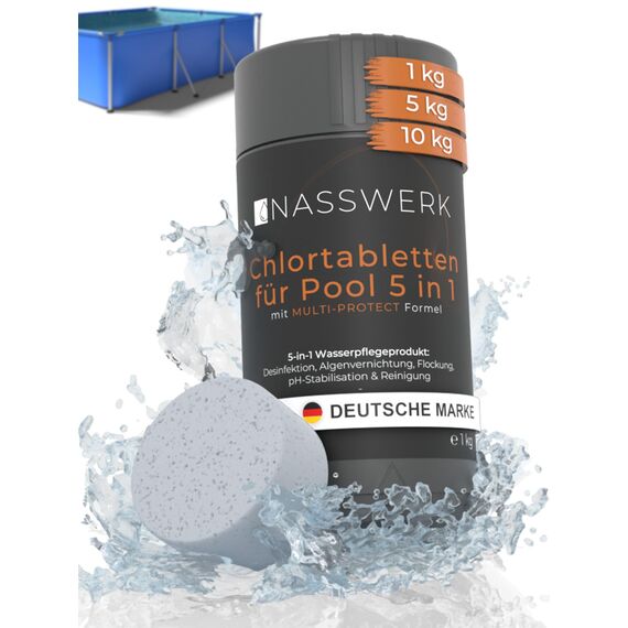 NASSWERK Multitabs Pool 5 in 1 (1kg) | 200g Pooltabs Multitabs 5 in 1 mit Chlor, Algizid, pH Stabilisator, Flockungsmittel & Reiniger | Langzeit Chlortabletten für Pool 5 in 1 für sauberes Poolwasser