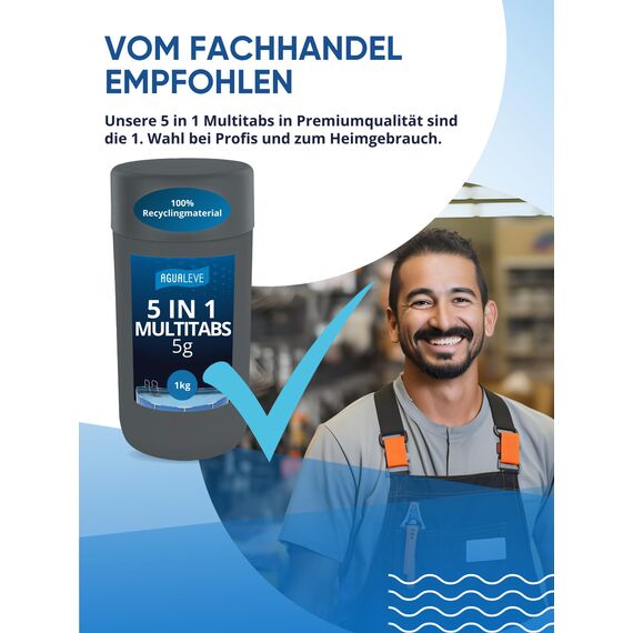 AGUALEVE® 5 in 1 Chlor Multitabs 5g schnelllöslich 1kg *NEU* | für Pools ab 750 Ltr. Wasser | Desinfektion, Algenschutz, Flockung, pH-Stabilisierung & Klareffekt | Made in Germany