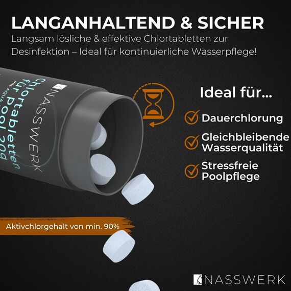 NASSWERK Pool Chlortabletten 20g (1kg bis 10kg) | Chlortabs 20g langsamlöslich zur Langzeitpflege | Chlor Langzeittabletten Pool zur Desinfektion & Pflege | Mini Pooltabletten Reinigungstabletten