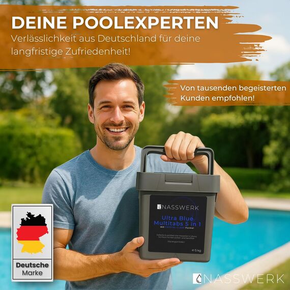 NASSWERK Ultra Blue Multitabs 5 in 1 für Pool (1kh bis 10kg) | 20g Langzeit Chlortabletten für Pool 5 in 1 | Mini Whirlpool Chlortabs mit Chlor, Algizid, pH Stabilisator, Reiniger & Aquamarin