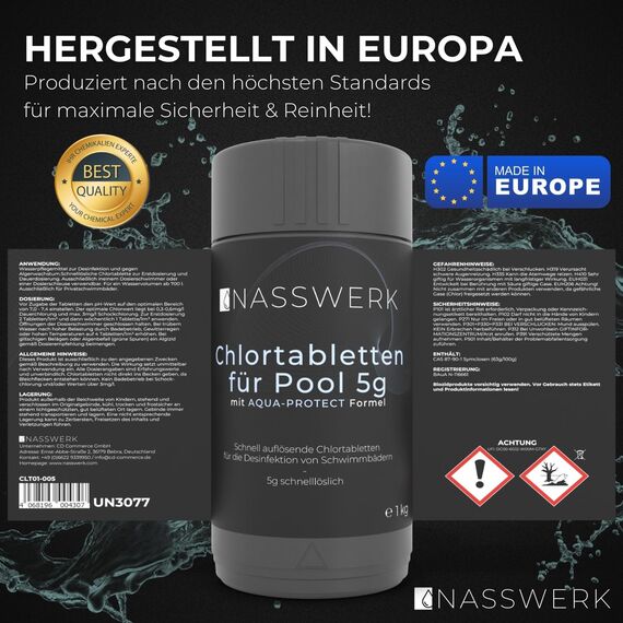 NASSWERK Mini Chlortabletten für Whirlpool 5g (2kg) | Chlortabs 5g schnelllöslich für Pool & Planschbecken | Reinigungstabletten zur Schockchlorung, Stoßchlorung & Dauerdosierung | Chlor Tabs klein