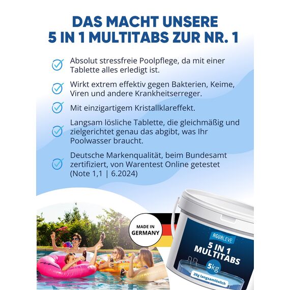 AGUALEVE® 5 in 1 Chlor Multitabs 20g langsamlöslich 5kg *NEU* | für Pools jeder Art ab 2500 Liter Wasser | Desinfektion, Algenschutz, Flockung, pH-Stabilisierung & Klareffekt | Made in Germany