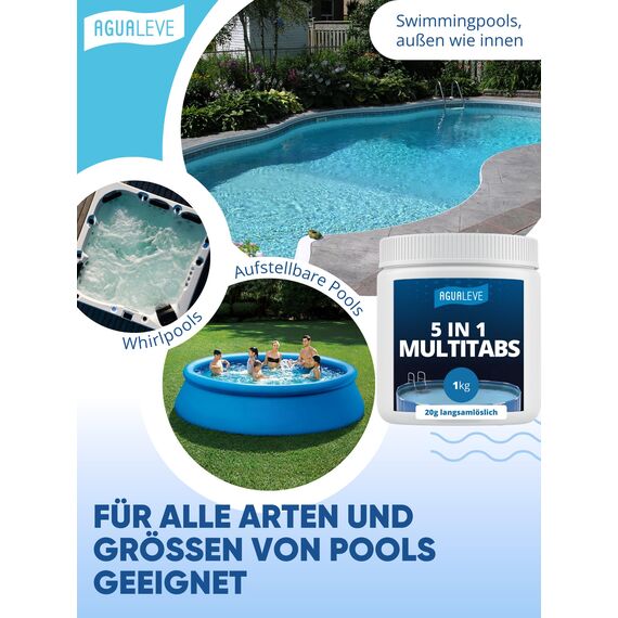 AGUALEVE® 5 in 1 Chlor Multitabs 20g langsamlöslich 1kg *NEU* | für Pools jeder Art ab 2500 Liter Wasser | Desinfektion, Algenschutz, Flockung, pH-Stabilisierung & Klareffekt | Made in Germany