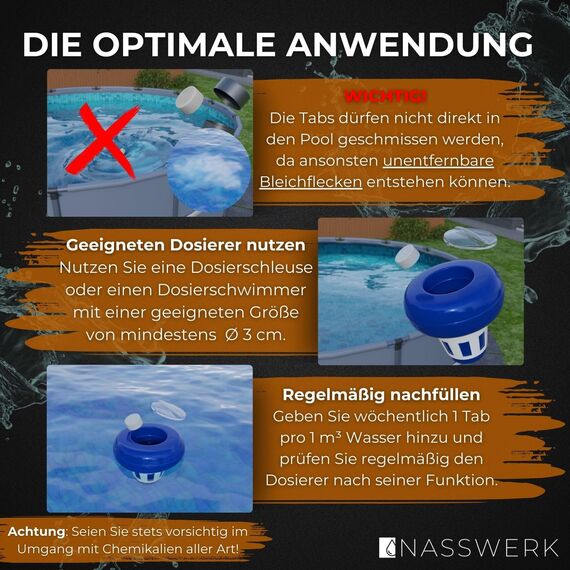 NASSWERK Mini Chlortabletten für Planschbecken 5g (1kg) | Chlortabs 5g schnelllöslich für Whirlpool & Pool | Reinigungstabletten zur Schockchlorung, Stoßchlorung & Dauerdosierung | Chlor Tabs klein