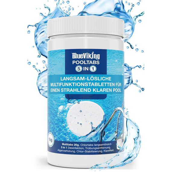 BlueViking Chlortabletten für Pool 5 in 1 - Hochwirksame Multitabs Pool 20g im 1kg Eimer - Chlor Pool Tabletten in EU Premium-Qualität - Einfache, Sichere und Effiziente Poolpflege