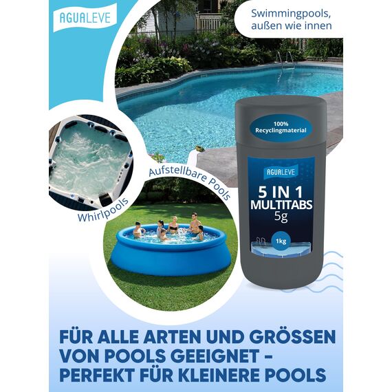 AGUALEVE® 5 in 1 Chlor Multitabs 5g schnelllöslich 1kg *NEU* | für Pools ab 750 Ltr. Wasser | Desinfektion, Algenschutz, Flockung, pH-Stabilisierung & Klareffekt | Made in Germany