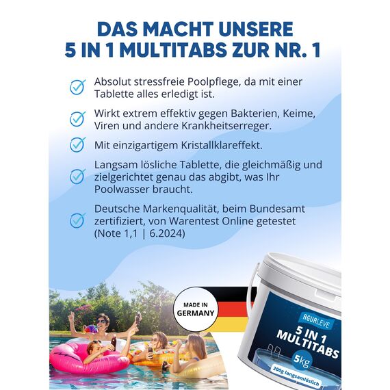 AGUALEVE® 5 in 1 Chlor Multitabs 200g langsamlöslich 5kg *NEU* | für Pools jeder Art ab 25.000 Liter Wasser | Desinfektion, Algenschutz, Flockung, pH-Stabilisierung & Klareffekt | Made in Germany