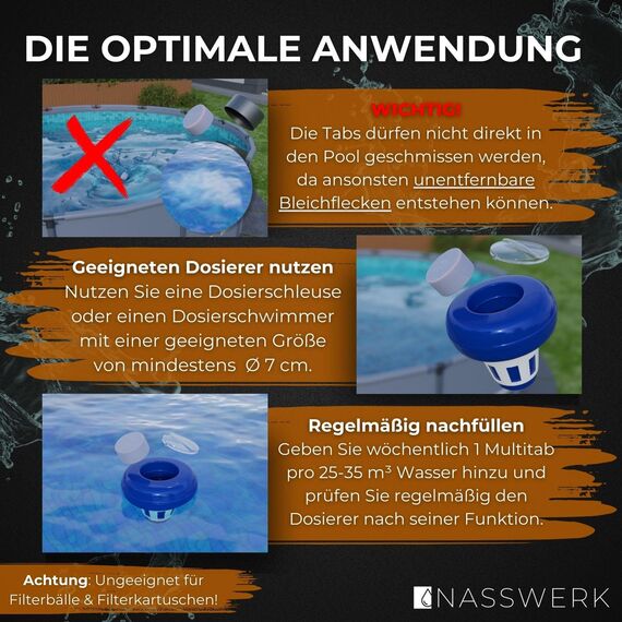 NASSWERK Chlortabletten für Pool 5 in 1 (5kg) | 200g Pooltabs Multitabs 5 in 1 mit Chlor, Algizid, pH Stabilisator, Flockungsmittel & Reiniger | Langzeit Multitabs Pool 200g für optimales Poolwasser