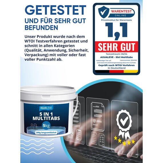 AGUALEVE® 5 in 1 Chlor Multitabs 200g langsamlöslich 5kg *NEU* | für Pools jeder Art ab 25.000 Liter Wasser | Desinfektion, Algenschutz, Flockung, pH-Stabilisierung & Klareffekt | Made in Germany