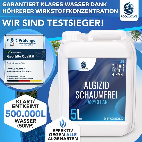 PoolLöwe® Algizid für Pool mit Klareffekt 2.0 und [360° Algenschutz] | Algenvernichter Pool flüssig 10L | Maximaler Algenschutz für Schwimmbad & Whirlpool | Algenfrei Algenmittel Algezid Poolklar