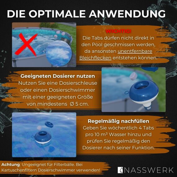 NASSWERK Ultra Blue Multitabs 5 in 1 für Pool (1kh bis 10kg) | 20g Langzeit Chlortabletten für Pool 5 in 1 | Mini Whirlpool Chlortabs mit Chlor, Algizid, pH Stabilisator, Reiniger & Aquamarin