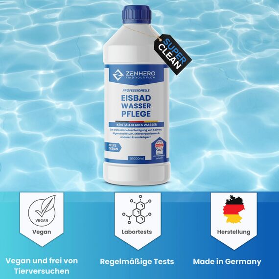 Zenhero® Eisbad Wasserpflege MD Water clean 1000ml – Hautfreundlich & effektiv – Naturidentischer Wirkstoff – Dermatest SEHR GUT ausgezeichnet – Für Eisbad, Eisfass, Eispool – Made in Germany