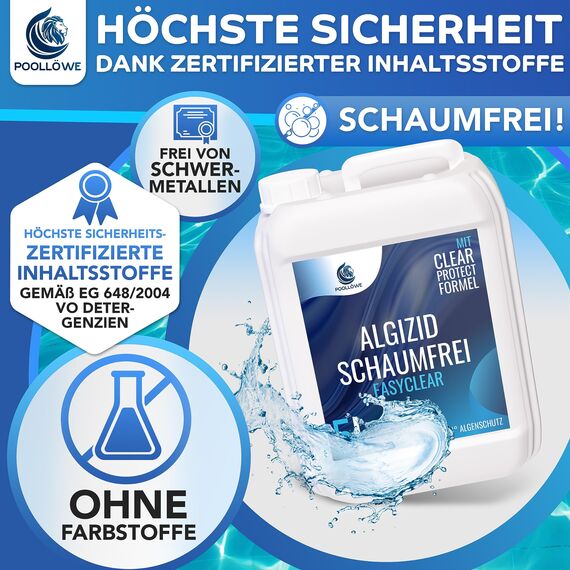 PoolLöwe® Algenvernichter Pool mit Klareffekt 2.0 und [360° Algenschutz] | Algizid für Pool flüssig 5L | Maximaler Algenschutz für Schwimmbad & Whirlpool | Algenfrei Algenmittel Algezid Poolklar