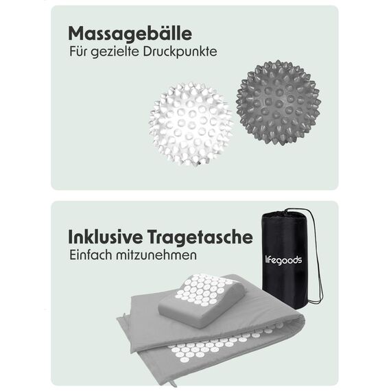 LifeGoods Akupressurmatte XL Mit Kissen - Akkupressmatte - Akkupressurmatte+ - Akupressur Matte - Akupunktur Matte - Massagematte - Rücken - Stachelmatte - Fakirmatte - Nagelmatte - Acupressure Mat