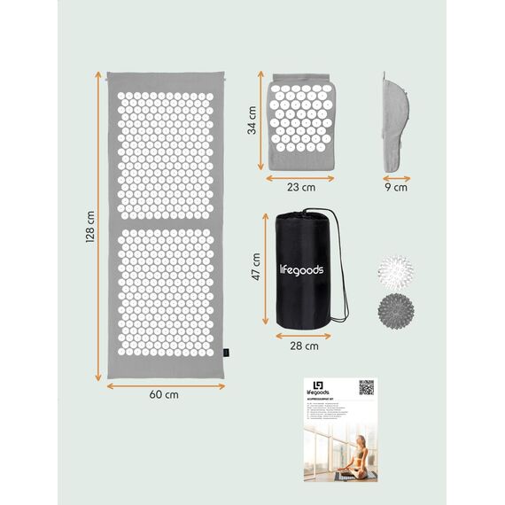 LifeGoods Akupressurmatte XL Mit Kissen - Akkupressmatte - Akkupressurmatte+ - Akupressur Matte - Akupunktur Matte - Massagematte - Rücken - Stachelmatte - Fakirmatte - Nagelmatte - Acupressure Mat