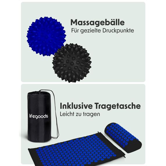 LifeGoods Akupressurmatte Mit Kissen - Akkupressmatte - Akkupressurmatte+ - Akupressur Matte - Akupunktur Matte - Massagematte - Rücken - Stachelmatte - Fakirmatte - Nagelmatte - Acupressure Mat