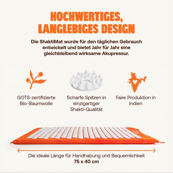 ShaktiMat [Das Original seit 2007] Akupressurmatte zur Entspannung für Rücken, Nacken, Füße, Ethische Handarbeit, GOTS-zertifizierte Bio-Baumwolle, Orange