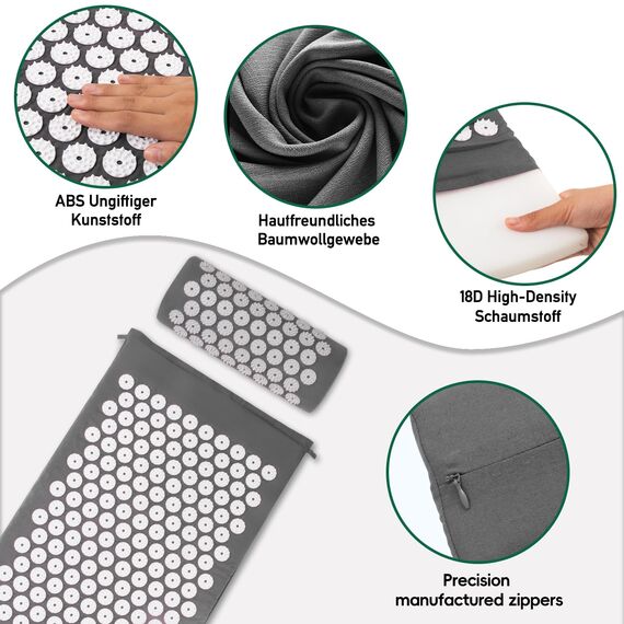 Akupressurmatte, Akupunktur matte, Akkupressmatte mit Kissen, Akkupressurmatte, Massagematte, Acupressure mat, Nadelkissen, Matte mit Stacheln, Akupressurmatte Rücken, Akupressure Set Gray
