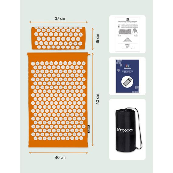 LifeGoods Akupressurmatte Mit Kissen - Akkupressmatte - Akkupressurmatte+ - Akupressur Matte - Akupunktur Matte - Massagematte - Rücken - Stachelmatte - Fakirmatte - Nagelmatte - Acupressure Mat