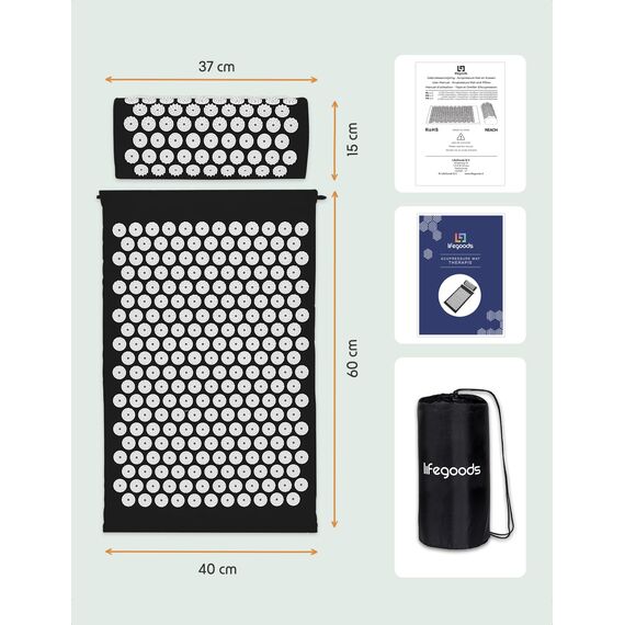 LifeGoods Akupressurmatte Mit Kissen - Akkupressmatte - Akkupressurmatte+ - Akupressur Matte - Akupunktur Matte - Massagematte - Rücken - Stachelmatte - Fakirmatte - Nagelmatte - Acupressure Mat