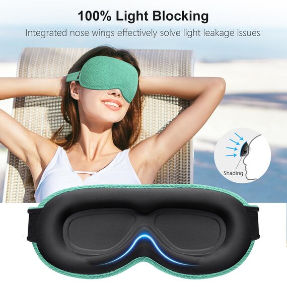 Gritin 3D Schlafmaske für Seitenschläfer, Upgrade Atmungsaktive Schlafbrille mit Verstellbar Gummiband, Lichtblockierend, Bequem & Ergonomisch Augenmaske, 2 Paar Ohrstöpseln, Cyan