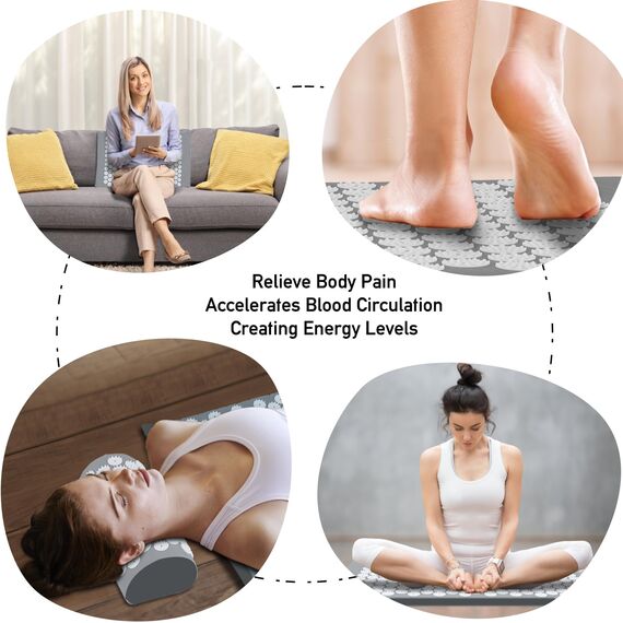 Akupressurmatte, Akupunktur matte, Akkupressmatte mit Kissen, Akkupressurmatte, Massagematte, Acupressure mat, Nadelkissen, Matte mit Stacheln, Akupressurmatte Rücken, Akupressure Set Gray