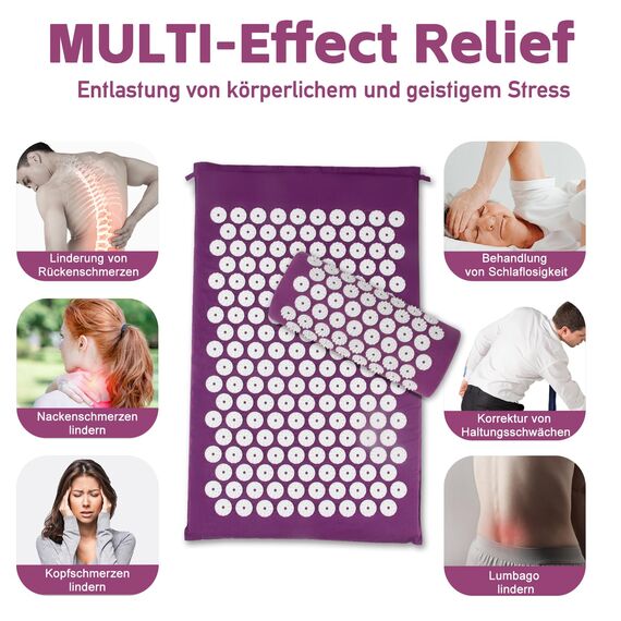 Akupressurmatte, Akupunktur matte, Akkupressmatte mit Kissen, Akkupressurmatte, Massagematte, Akupressure Set Purple, Akupressurmatte Rücken, Shiatsu matte, Fakirmatte,Lila