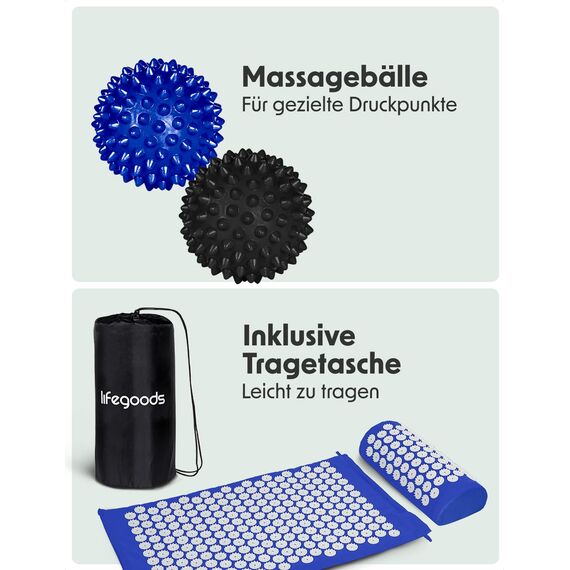 LifeGoods Akupressurmatte Mit Kissen - Akkupressmatte - Akkupressurmatte+ - Akupressur Matte - Akupunktur Matte - Massagematte - Rücken - Stachelmatte - Fakirmatte - Nagelmatte - Acupressure Mat