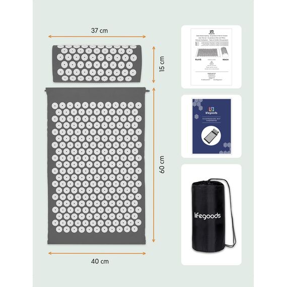 LifeGoods Akupressurmatte Mit Kissen - Akkupressmatte - Akkupressurmatte+ - Akupressur Matte - Akupunktur Matte - Massagematte - Rücken - Stachelmatte - Fakirmatte - Nagelmatte - Acupressure Mat