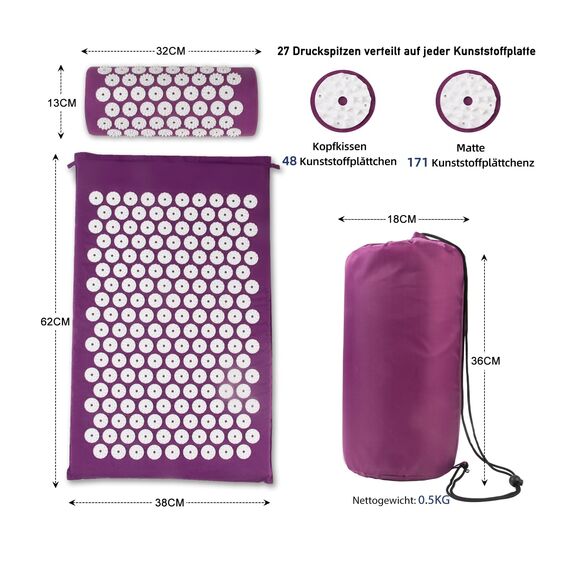 Akupressurmatte, Akupunktur matte, Akkupressmatte zur Linderung von Nacken und Rückenschmerzen, Acupressure Mat mit Muskelentspannung und Stressabbau, Shiatsu matte zur Ischiasentlastung, Lila Weiß