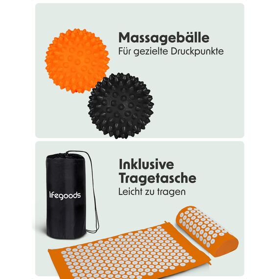 LifeGoods Akupressurmatte Mit Kissen - Akkupressmatte - Akkupressurmatte+ - Akupressur Matte - Akupunktur Matte - Massagematte - Rücken - Stachelmatte - Fakirmatte - Nagelmatte - Acupressure Mat